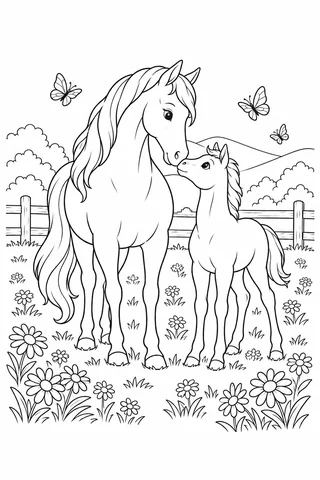 A mare and smaller foal touch noses in a daisy meadow, with a wooden fence, hills and three butterflies behind them.