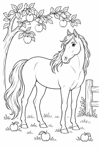 A horse with a long mane and tail stands by a fence beneath an apple-tree branch, with three apples on the ground.