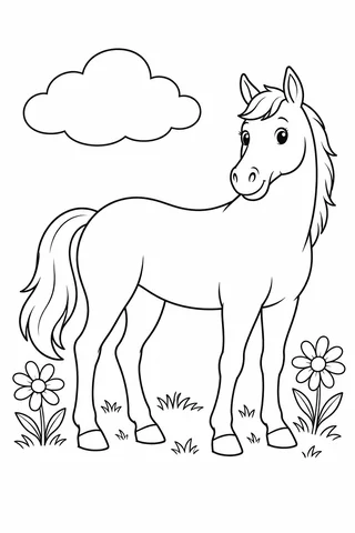 A full-body friendly horse with four visible legs and a flowing tail stands between two daisies beneath a large outlined cloud.