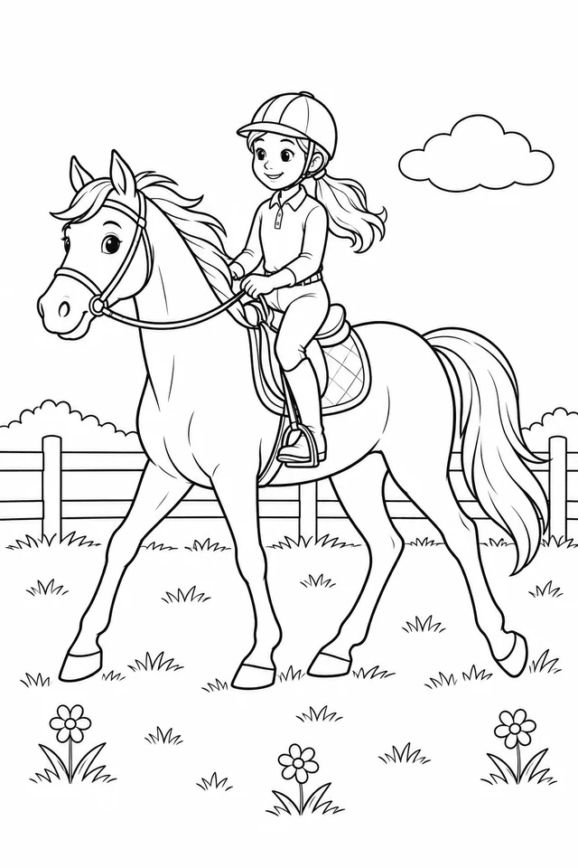 A helmeted rider seated on a saddled horse walking beside a low fence, with four visible legs, a cloud and daisies.