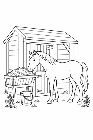 A full-body horse with four visible legs stands beside a complete wooden hay rack, a water bucket and flowers outside a timber stable.