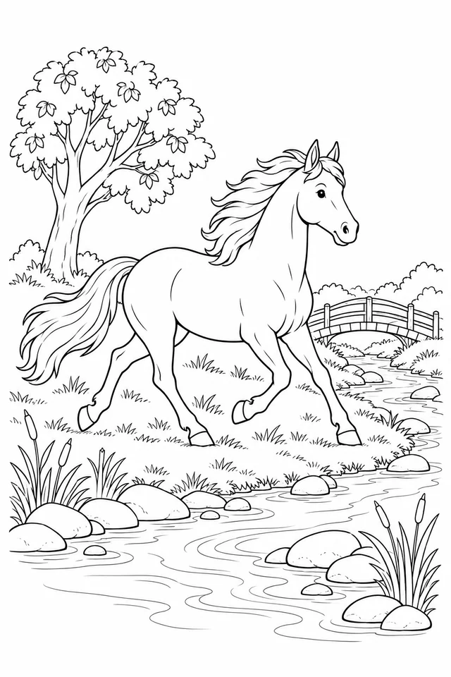 A trotting horse with four distinct legs beside a winding stream, with a footbridge, leafy tree, reeds and rounded stones.