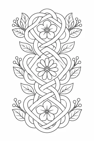 Black outline vertical arrangement of three floral ribbon ornaments with leaves and round berry sprigs.