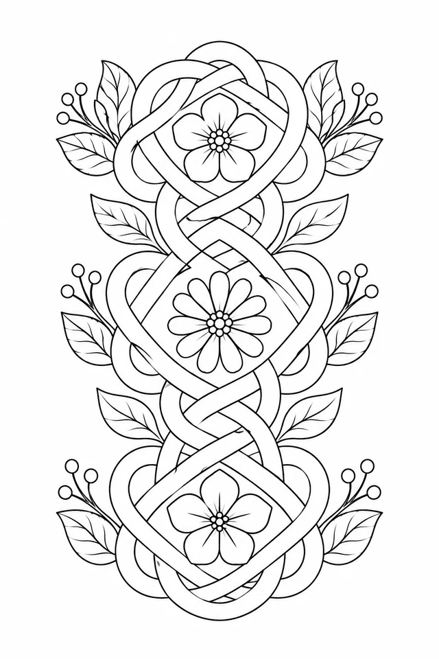 Black outline vertical arrangement of three floral ribbon ornaments with leaves and round berry sprigs.