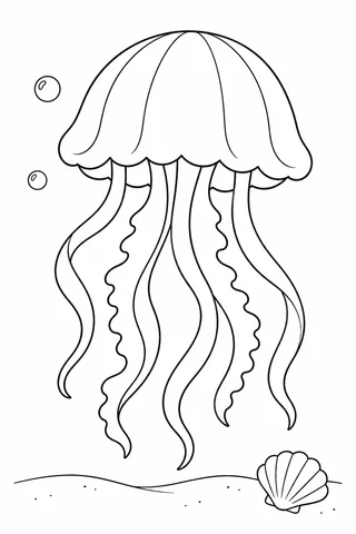A jellyfish with a broad scalloped bell and six flowing tentacle shapes floats above a shell and a sparse sand line.