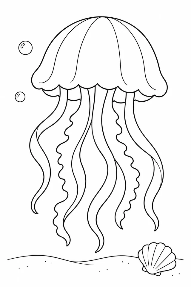A jellyfish with a broad scalloped bell and six flowing tentacle shapes floats above a shell and a sparse sand line.