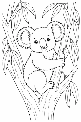A koala clings to a forked tree trunk with long narrow leaves hanging on both sides.
