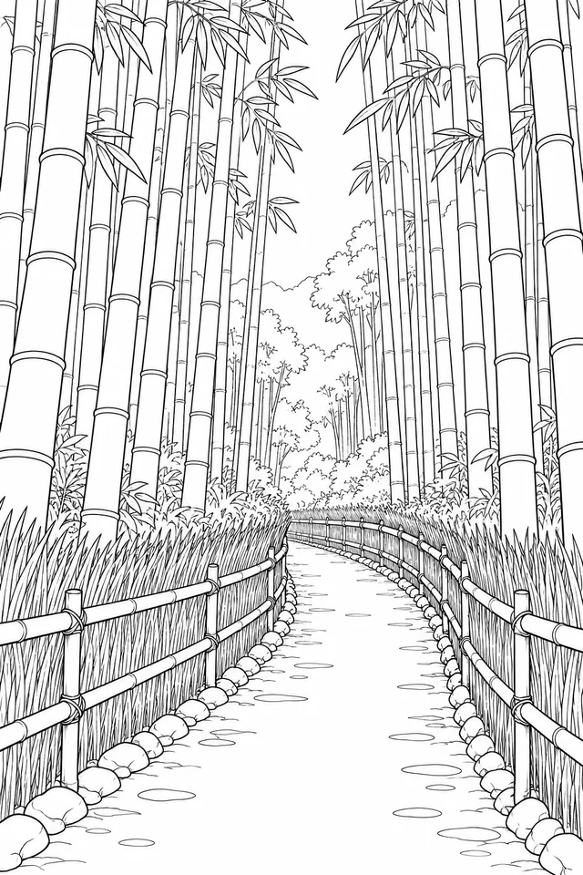 A curving Arashiyama-inspired path leads between jointed bamboo stems, leaf clusters and a low woven fence.