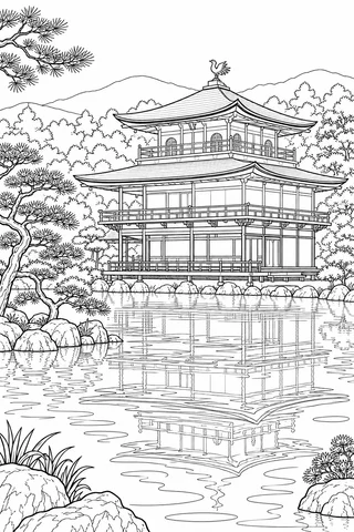 A Kinkaku-ji-inspired pavilion stands beside a mirror pond, with layered rooflines, pine branches, rocks and a simplified reflection.