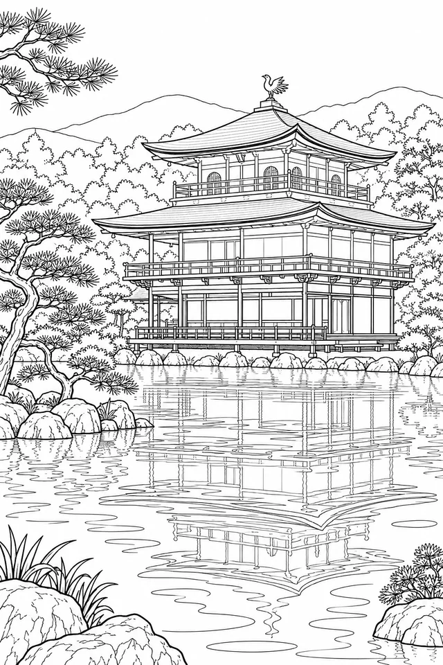 A Kinkaku-ji-inspired pavilion stands beside a mirror pond, with layered rooflines, pine branches, rocks and a simplified reflection.