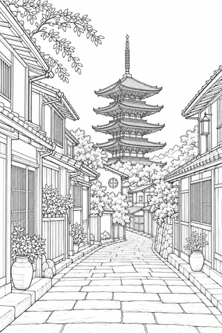A Higashiyama-inspired lane of wood-fronted houses leads toward five stacked roof tiers on a Yasaka Pagoda-inspired tower.