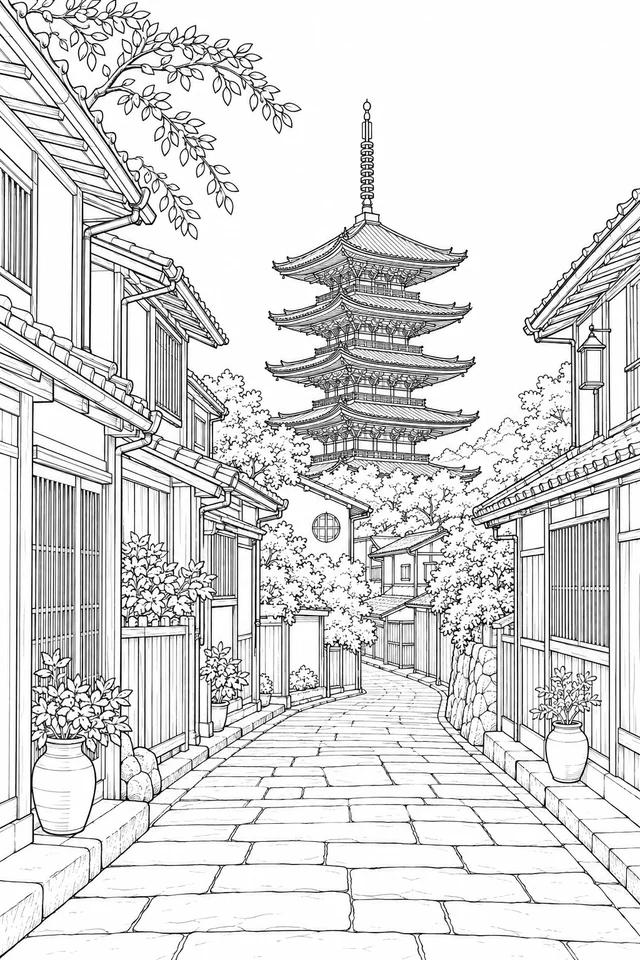 A Higashiyama-inspired lane of wood-fronted houses leads toward five stacked roof tiers on a Yasaka Pagoda-inspired tower.