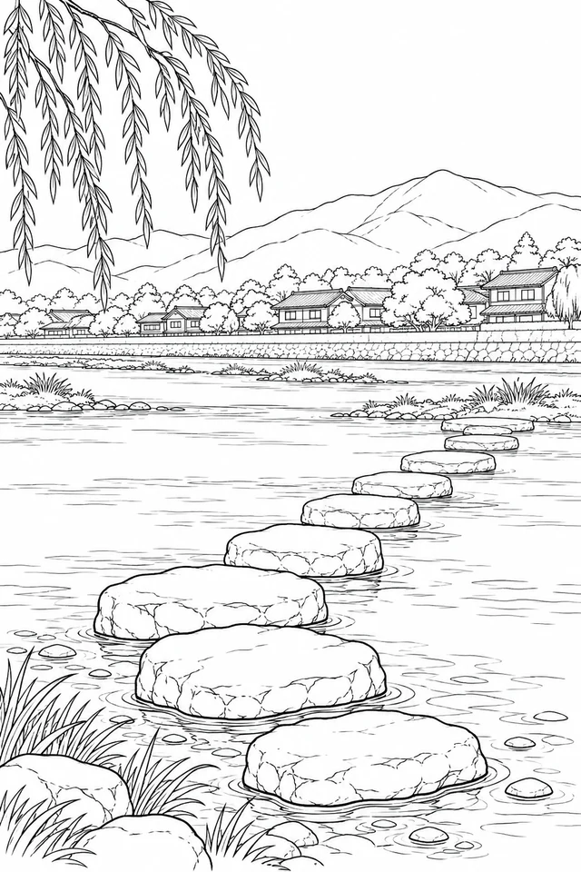Large stepping stones cross an imagined Kamo River view beneath willow leaves, distant roofs and mountains.