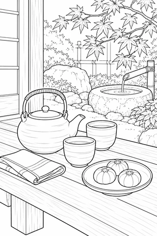 A teapot, cups and three sweets sit on a veranda beside maple leaves, hanging branches and a stone basin.