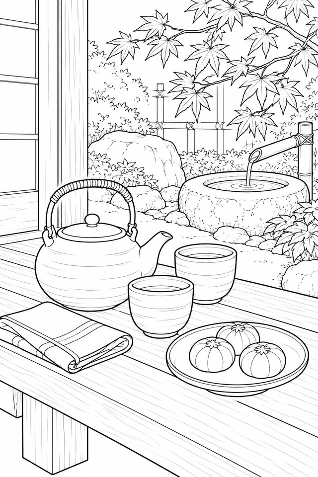 A teapot, cups and three sweets sit on a veranda beside maple leaves, hanging branches and a stone basin.