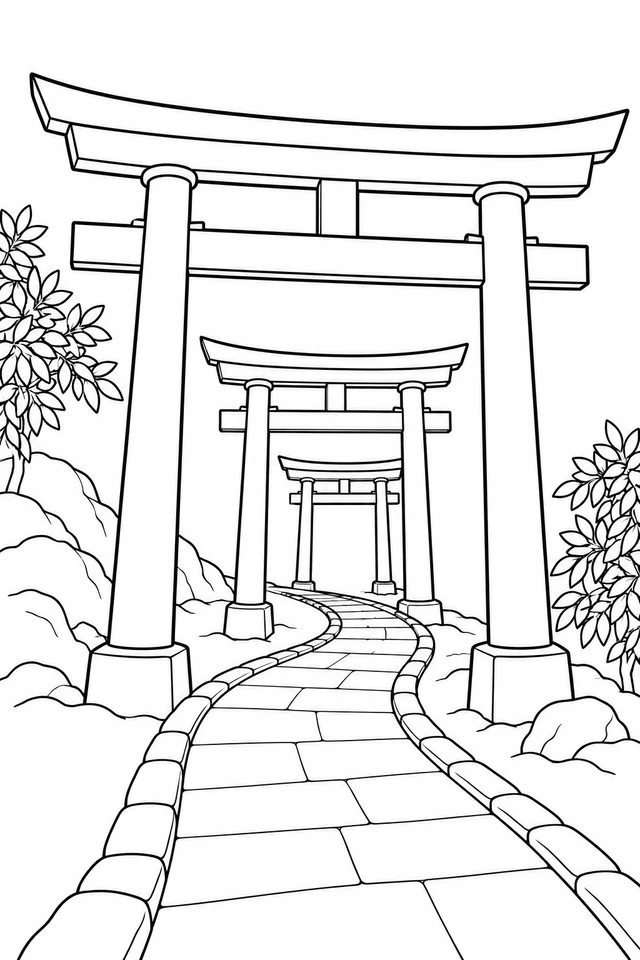 Three nested torii gates frame a curving Kyoto-inspired path, with rocks and a few leaves at the sides.