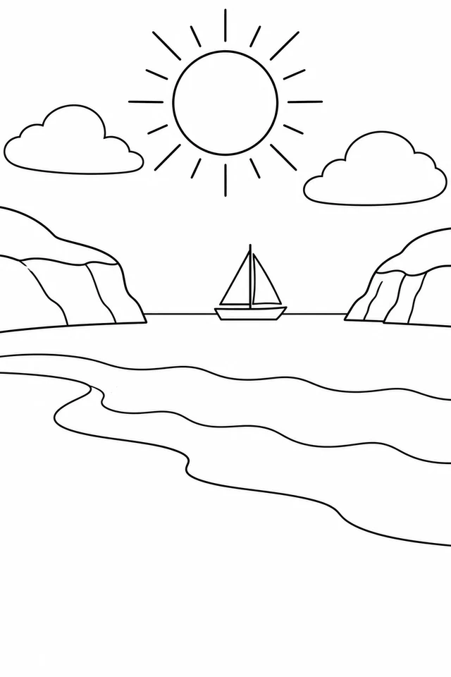 Small sailboat between cliffs, with broad waves, a sandy bay, two clouds and a large sun.