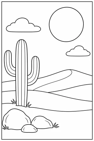 Branching cactus and three rocks before broad desert dunes, with two clouds and a large sun inside a thin border.