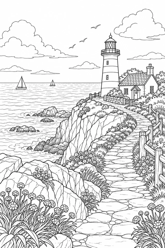 Lighthouse and cottage above a rocky coast with a winding path, fences, flowers, two sailboats and clouds.