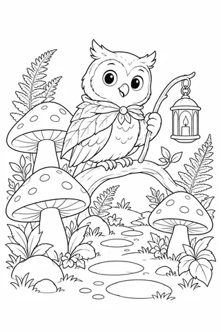 Friendly owl in a leaf cape holding a lantern above a woodland path with mushrooms and ferns.