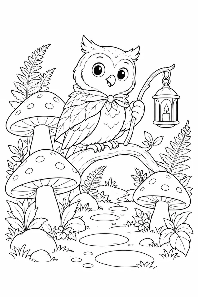 Friendly owl in a leaf cape holding a lantern above a woodland path with mushrooms and ferns.