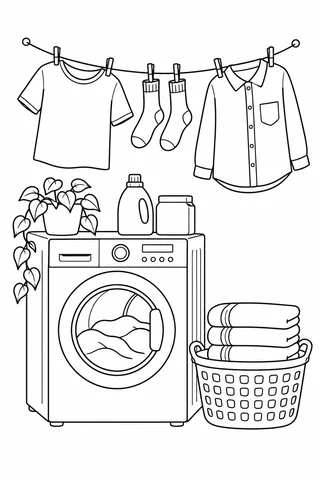 Laundry corner with two shirts and socks on a line, washing machine and basket of folded towels.