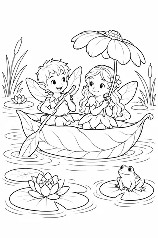 Two winged garden sprites in a leaf boat beneath a flower umbrella, with lily pads and a frog.