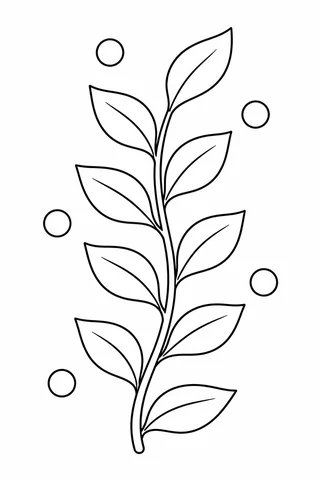 A curved leafy stem with alternating broad leaves and five round seed shapes.