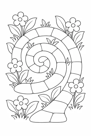 Black outline spiral arrangement of large paving stones with five flowers, leaves and small grass tufts.