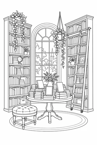 Bookshop with tall shelves, a ladder, an arched window, book display table and padded stool.