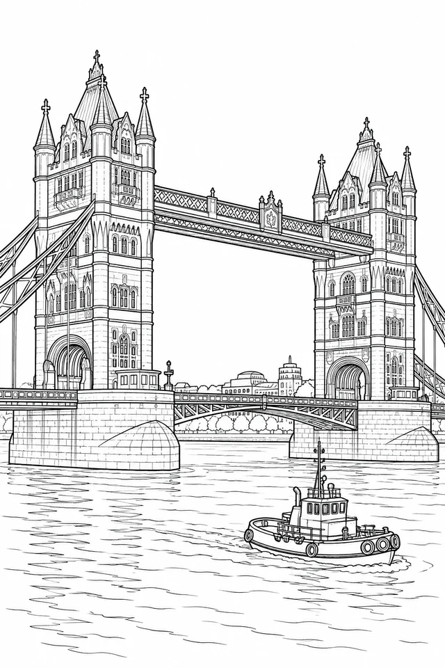 Two Tower Bridge-inspired stone towers span a broad river, with an empty tugboat in the foreground.