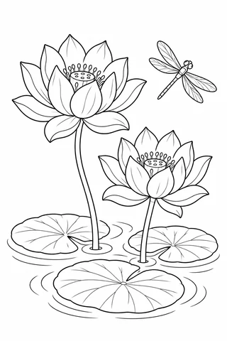 Two layered lotus flowers stand above three floating leaves, with a dragonfly in the upper right.