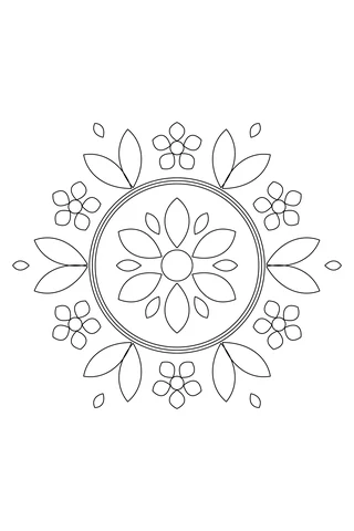 Six five-petal flowers alternating with paired leaves around three circular wreath lines, with a six-petal inner rosette.