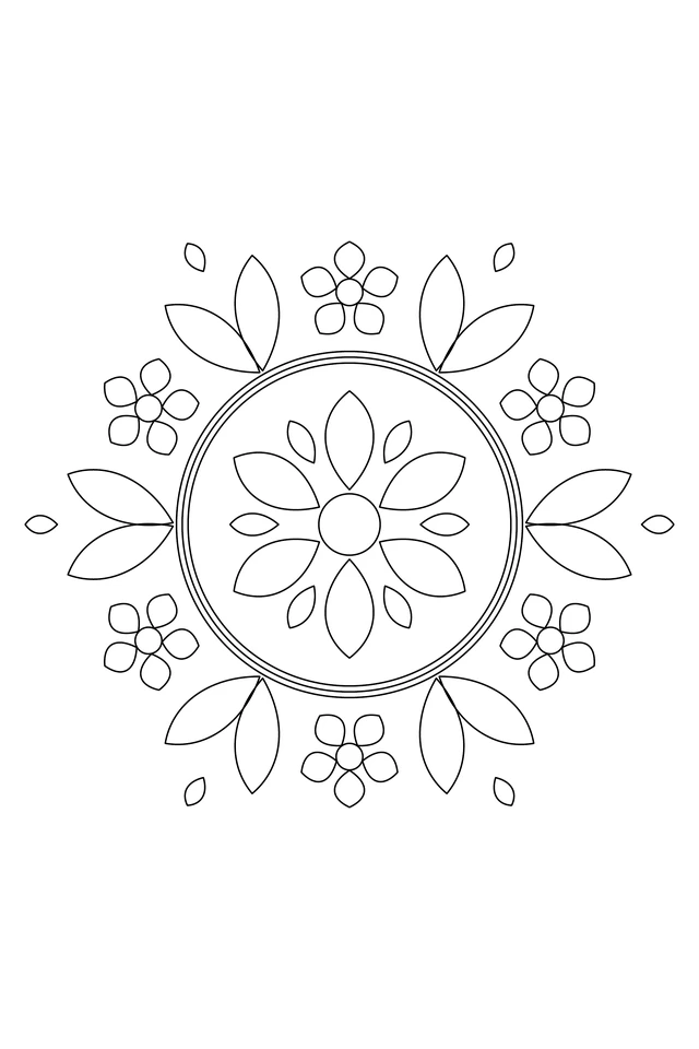 Six five-petal flowers alternating with paired leaves around three circular wreath lines, with a six-petal inner rosette.