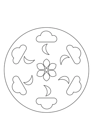 Six rounded cloud crowns and six crescent shapes around a six-petal center, enclosed by a single circle.