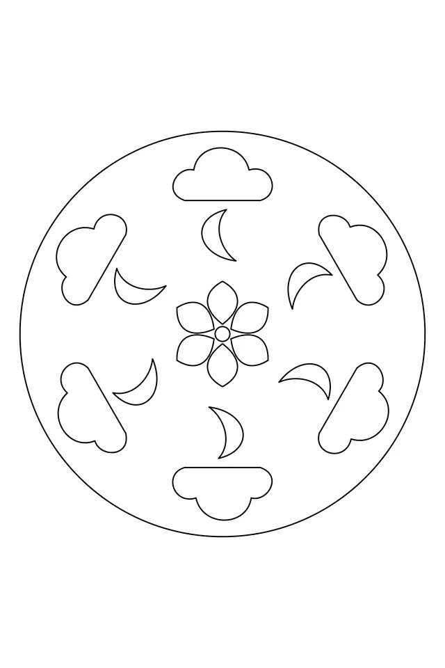Six rounded cloud crowns and six crescent shapes around a six-petal center, enclosed by a single circle.