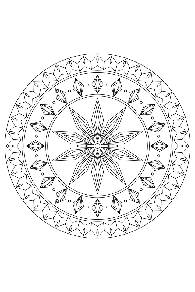 Ten divided compass rays, twenty nested diamonds and forty framed arrow cells around a circular center.