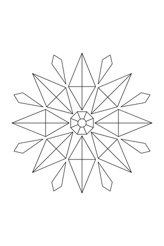 An eight-point faceted star with kite-shaped rays, eight narrow points between them, and a segmented circular center.