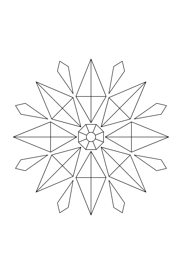 An eight-point faceted star with kite-shaped rays, eight narrow points between them, and a segmented circular center.