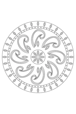 Eight repeating curled teardrop shapes with three nested channels, small leaves and thirty-two double petals.