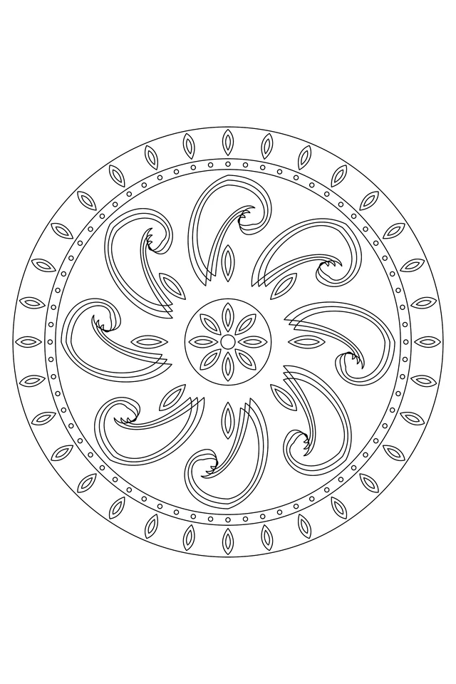 Eight repeating curled teardrop shapes with three nested channels, small leaves and thirty-two double petals.