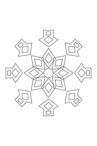 Eight nested diamond rays surrounded by stepped crown panels, each holding a smaller diamond and square.