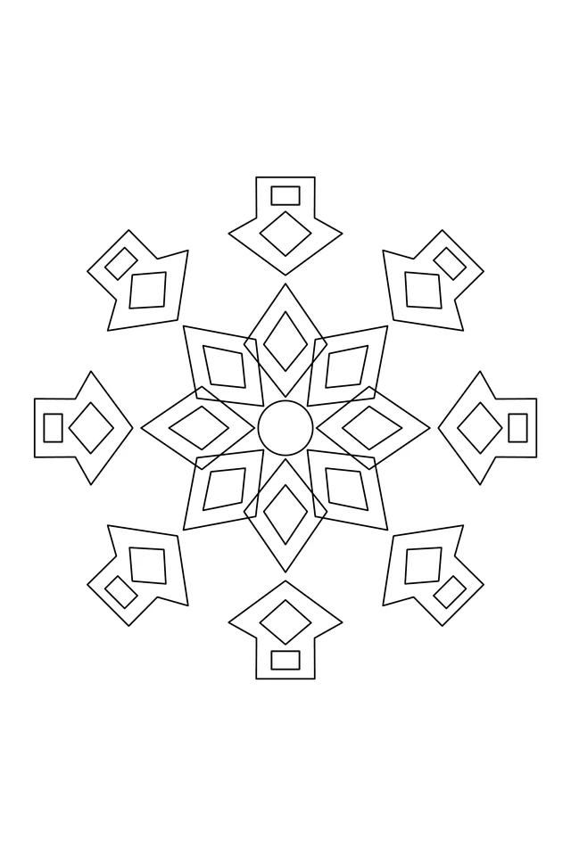 Eight nested diamond rays surrounded by stepped crown panels, each holding a smaller diamond and square.