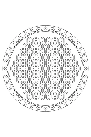 A six-fold hexagonal cell field with nested hexagons, small circular centers and thirty-six pointed outer panels.