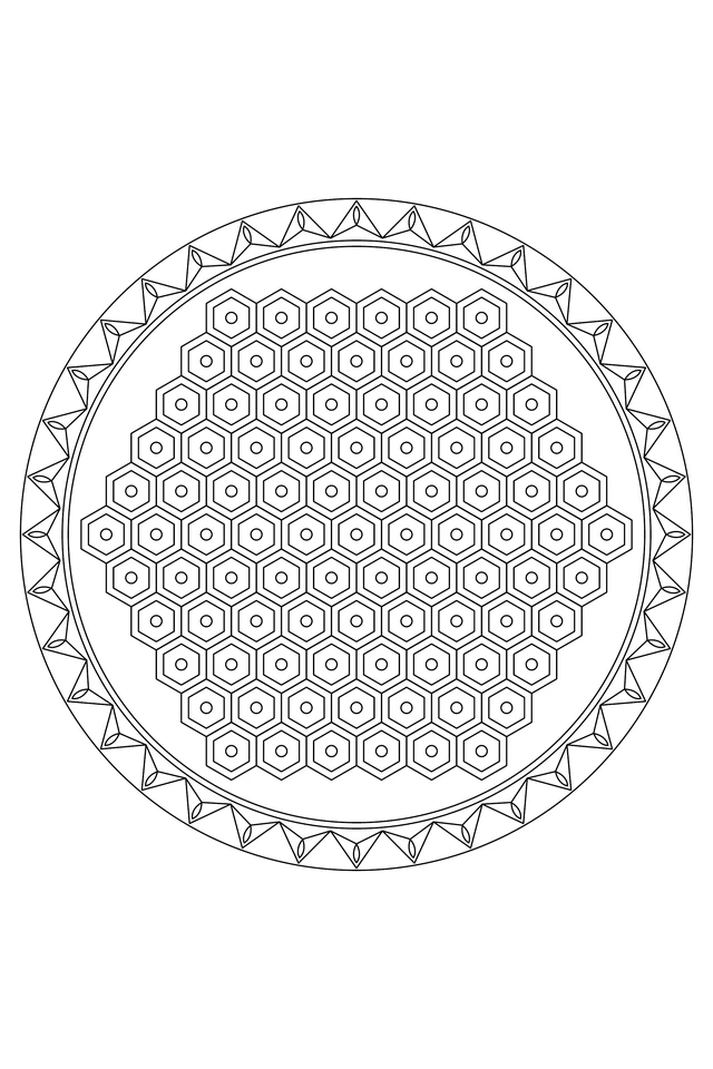 A six-fold hexagonal cell field with nested hexagons, small circular centers and thirty-six pointed outer panels.