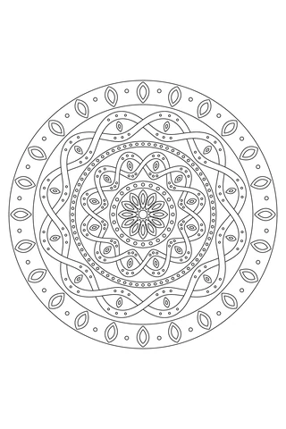 Two concentric interlaced ribbon wreaths with alternating over-under crossings, a petal center, small circle bands and twenty-four double petals around the edge.
