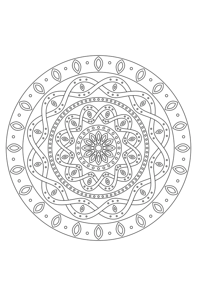 Two concentric interlaced ribbon wreaths with alternating over-under crossings, a petal center, small circle bands and twenty-four double petals around the edge.