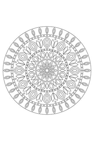 A dense circular botanical design with twelve-fold nested petals, offset buds, paired leaves, small circle bands and a crown of thirty-six double petals.