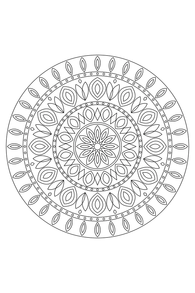 A dense circular botanical design with twelve-fold nested petals, offset buds, paired leaves, small circle bands and a crown of thirty-six double petals.
