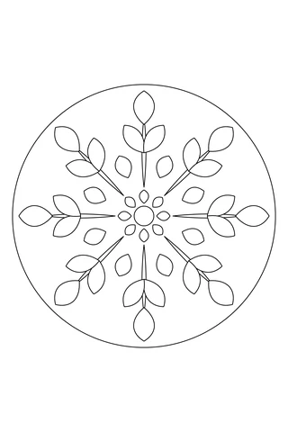 Eight repeating three-leaf sprigs, small oval accents and a petal center inside a circular frame.